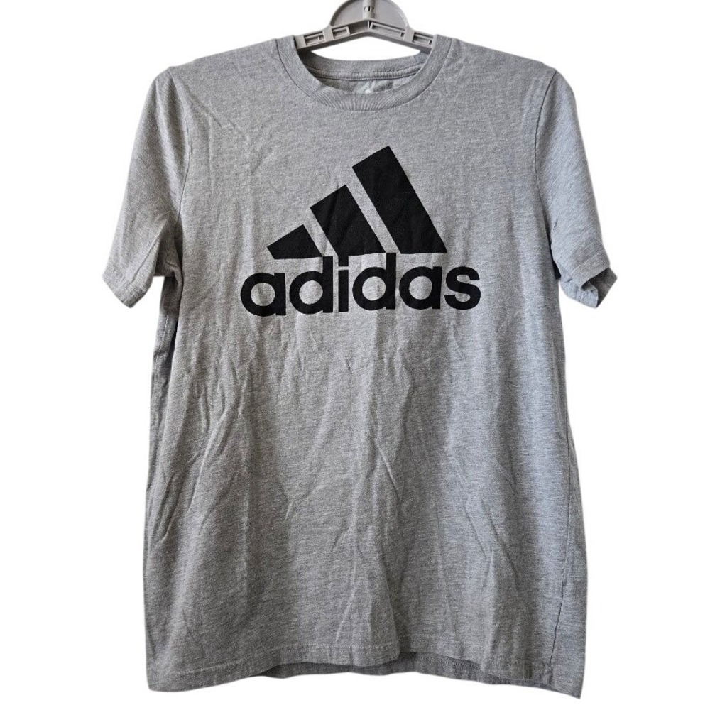 adidas Boys T-Shirt Logo Graphic Cotton Blend Sporty Heather Grey‎ L 14/16
